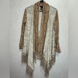 Women’s Mix Media Lace Fringe Open Fringe Cardigan Cover-up Boho Sz Small